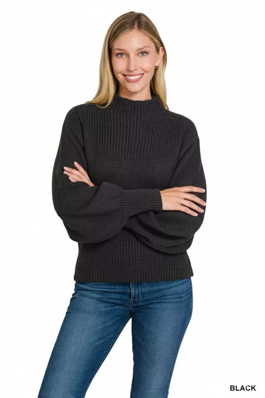 Zenana Balloon Sleeve Mock Neck Sweater - Trendsi - Flyclothing LLC