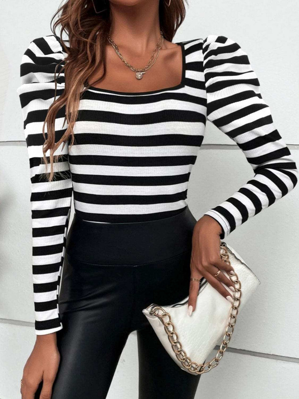 Striped Square Neck Puff Sleeve T-Shirt - Trendsi - Flyclothing LLC