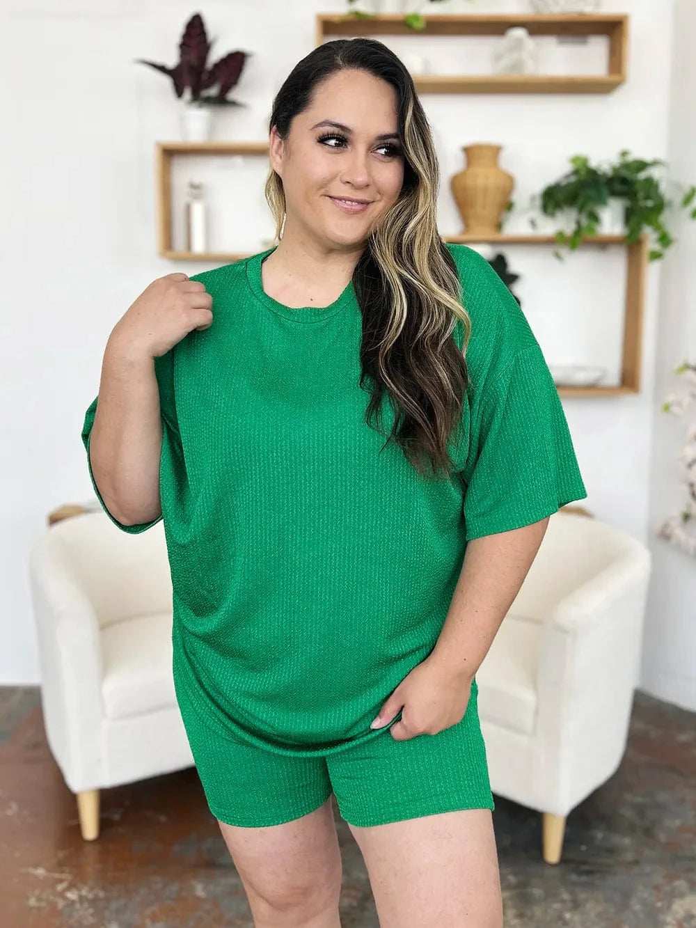 Double Take Full Size Texture Round Neck Drop Shoulder T-Shirt and Shorts Set - Trendsi - Flyclothing LLC