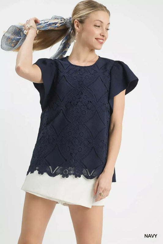 Umgee Floral Lace Overlay Flutter Sleeve Top - Trendsi - Flyclothing LLC