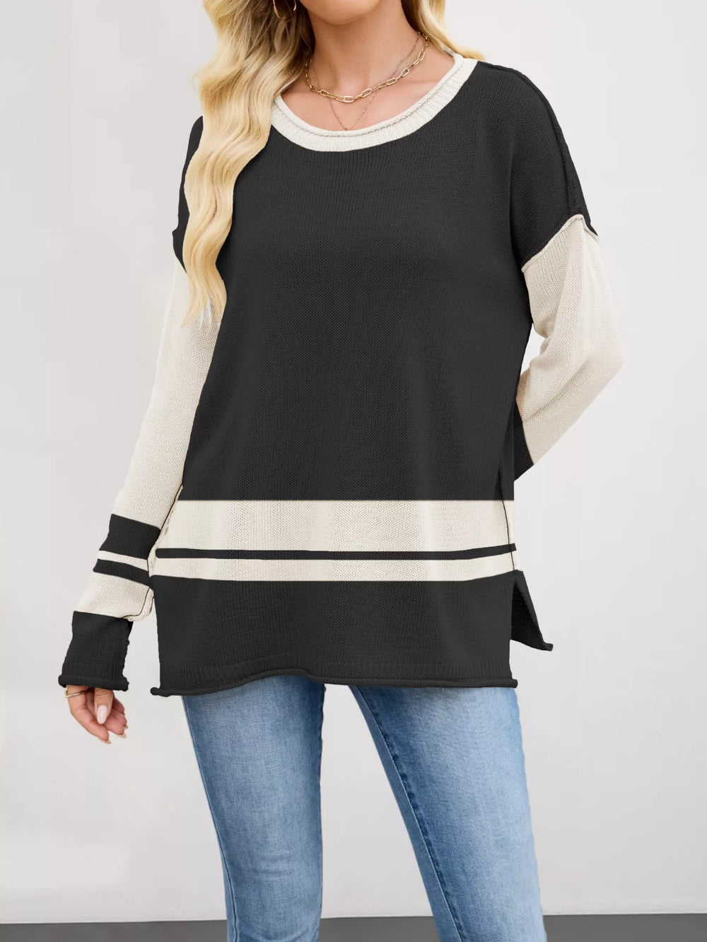 Color Block Side Slit Sweater - Trendsi - Flyclothing LLC