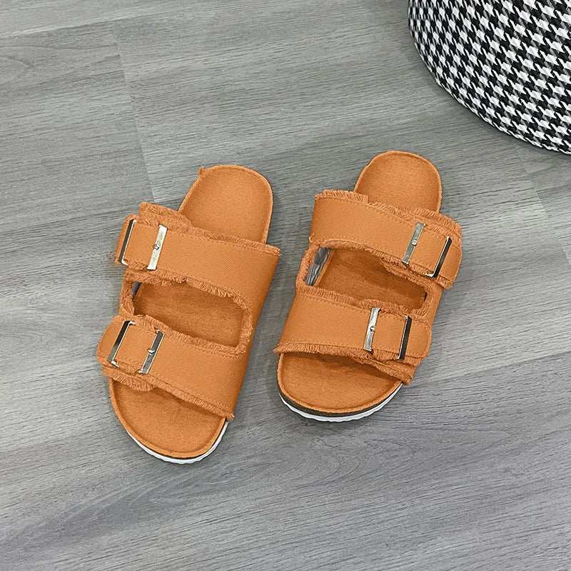 Raw Hem Open Toe Double Buckle Sandals - Trendsi - Flyclothing LLC