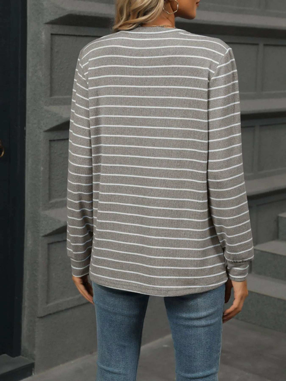 Striped Henley T-Shirt with Button Detail - Trendsi - Flyclothing LLC