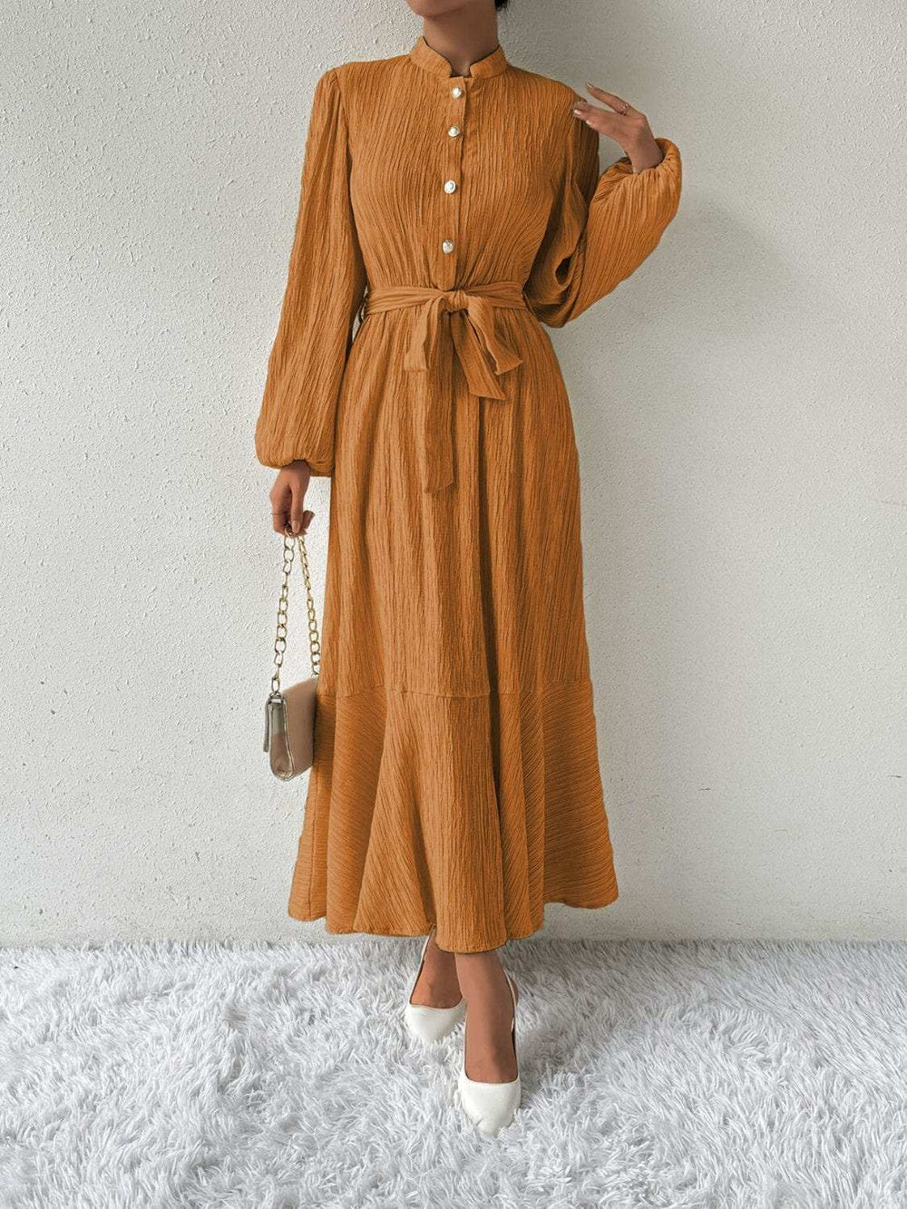 Tie Waist Long Sleeve Dress - Trendsi - Flyclothing LLC
