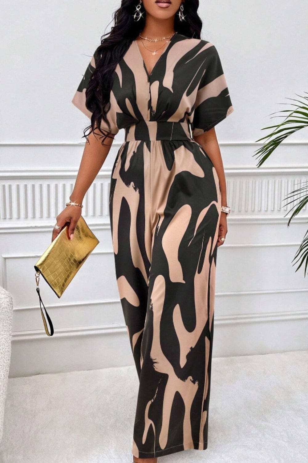 Printed V-Neck Short Sleeve Wide Leg Jumpsuit - Trendsi - Flyclothing LLC