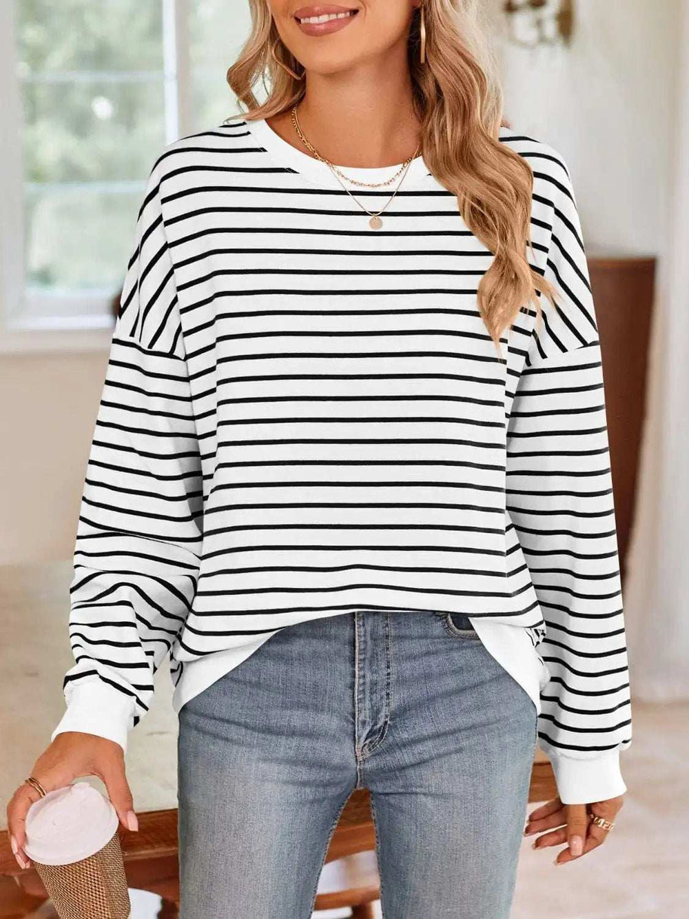 Striped Round Neck Long Sleeve Sweatshirt - Trendsi - Flyclothing LLC