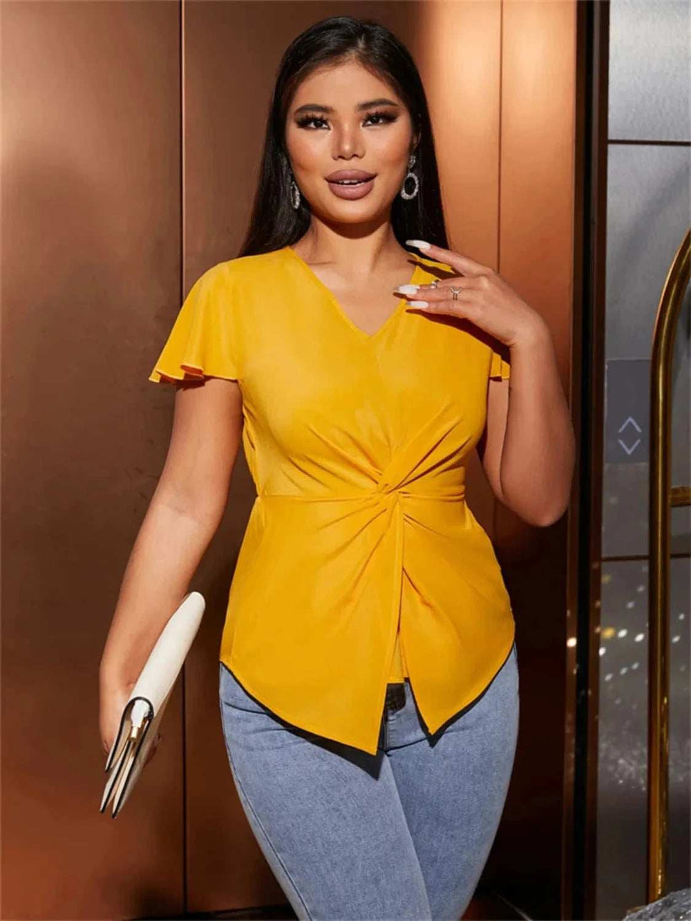 Twisted Solid V-Neck Cap Sleeve Blouse - Trendsi - Flyclothing LLC