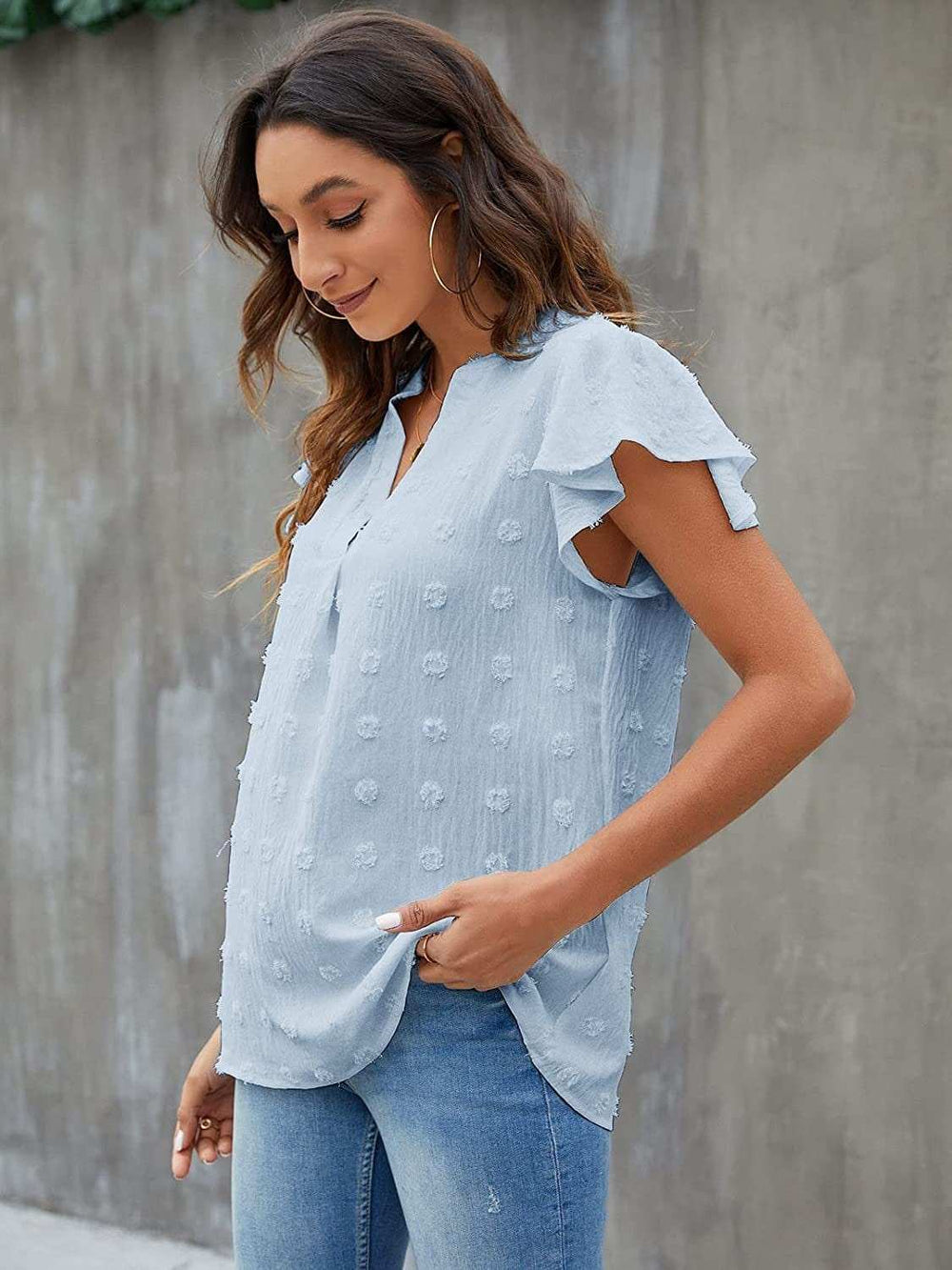 Swiss Dot Notched Flutter Sleeve Blouse - Trendsi - Flyclothing LLC
