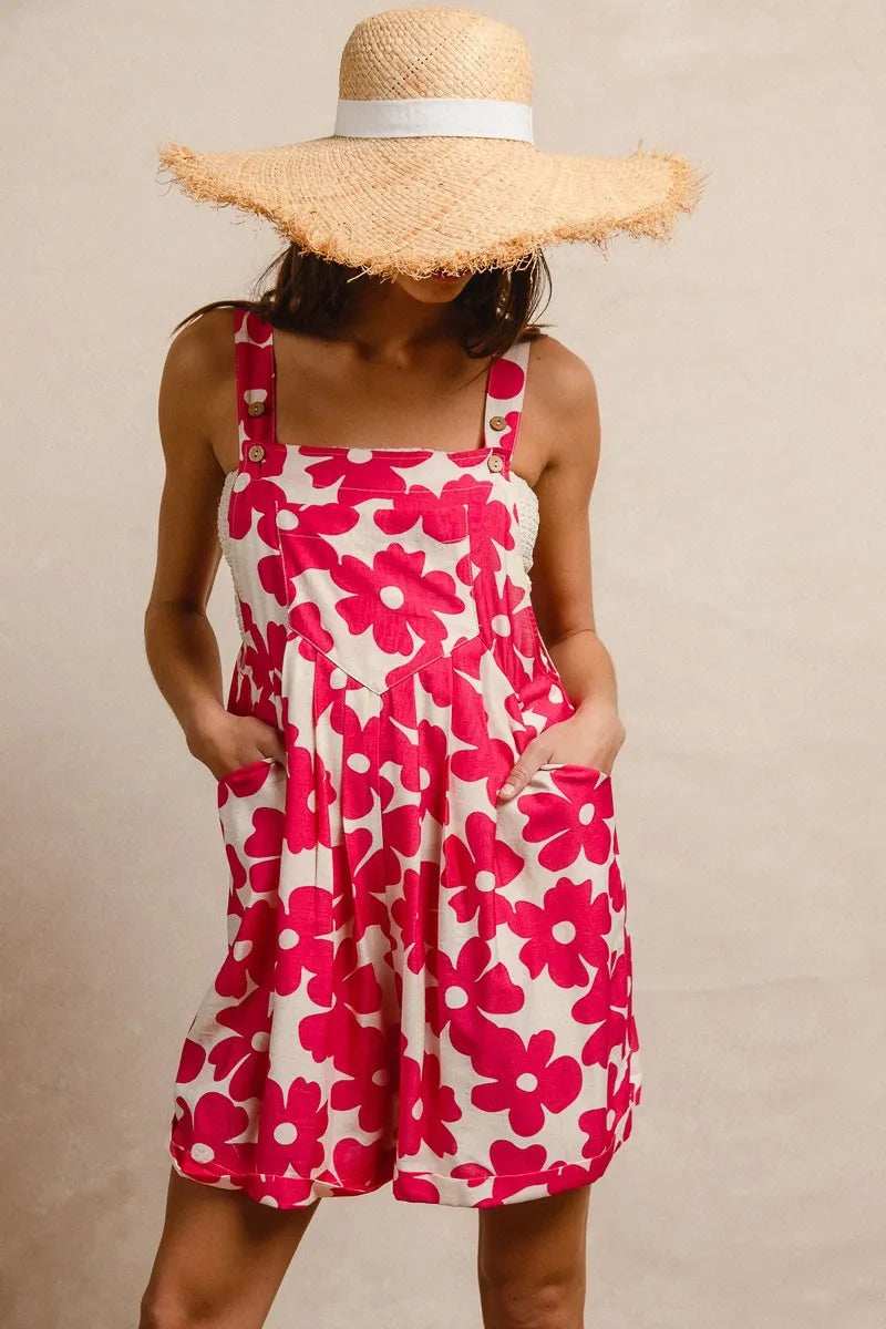 BiBi Floral Prints Tuck Detail Short Overall With Pockets - Trendsi - Flyclothing LLC