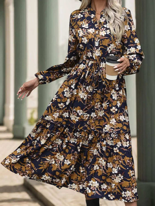 Perfee Printed Notched Long Sleeve Midi Dress - Trendsi - Flyclothing LLC