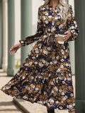 Perfee Printed Notched Long Sleeve Midi Dress - Trendsi - Flyclothing LLC
