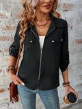 Zip Up Collared Neck Roll-Tab Sleeve Jacket - Trendsi - Flyclothing LLC