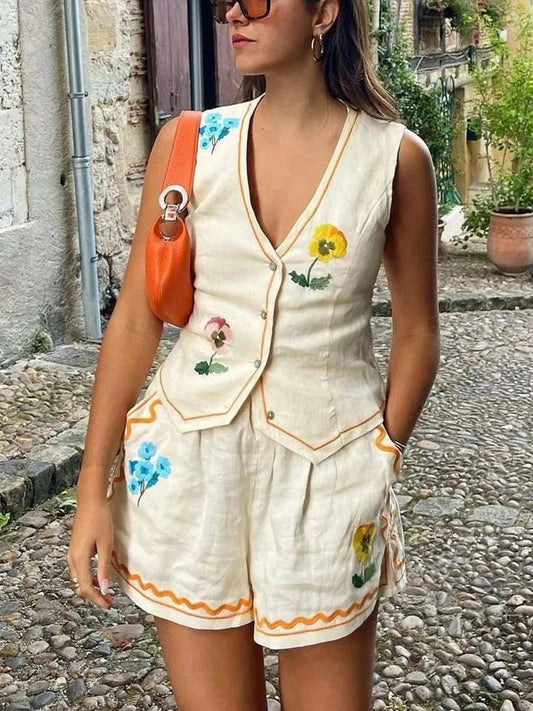 Embroidered V-Neck Vest and Shorts Set - Trendsi - Flyclothing LLC