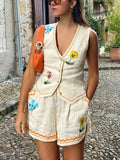 Embroidered V-Neck Vest and Shorts Set - Trendsi - Flyclothing LLC