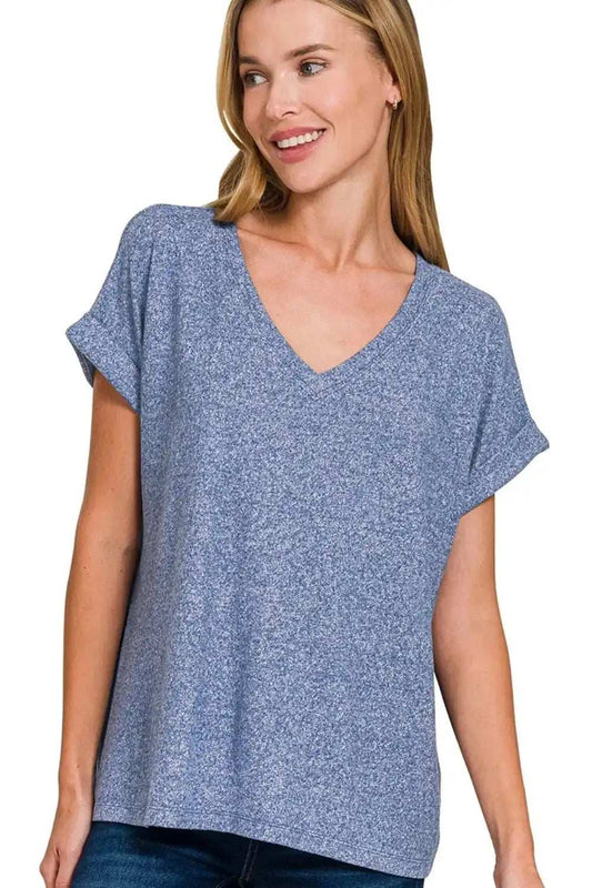 Zenana Soft Melange Hacci V-neck Tee - Trendsi - Flyclothing LLC