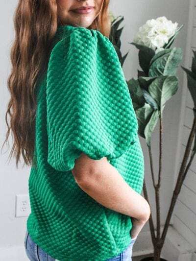 Texture Round Neck Puff Sleeve Blouse - Trendsi - Flyclothing LLC