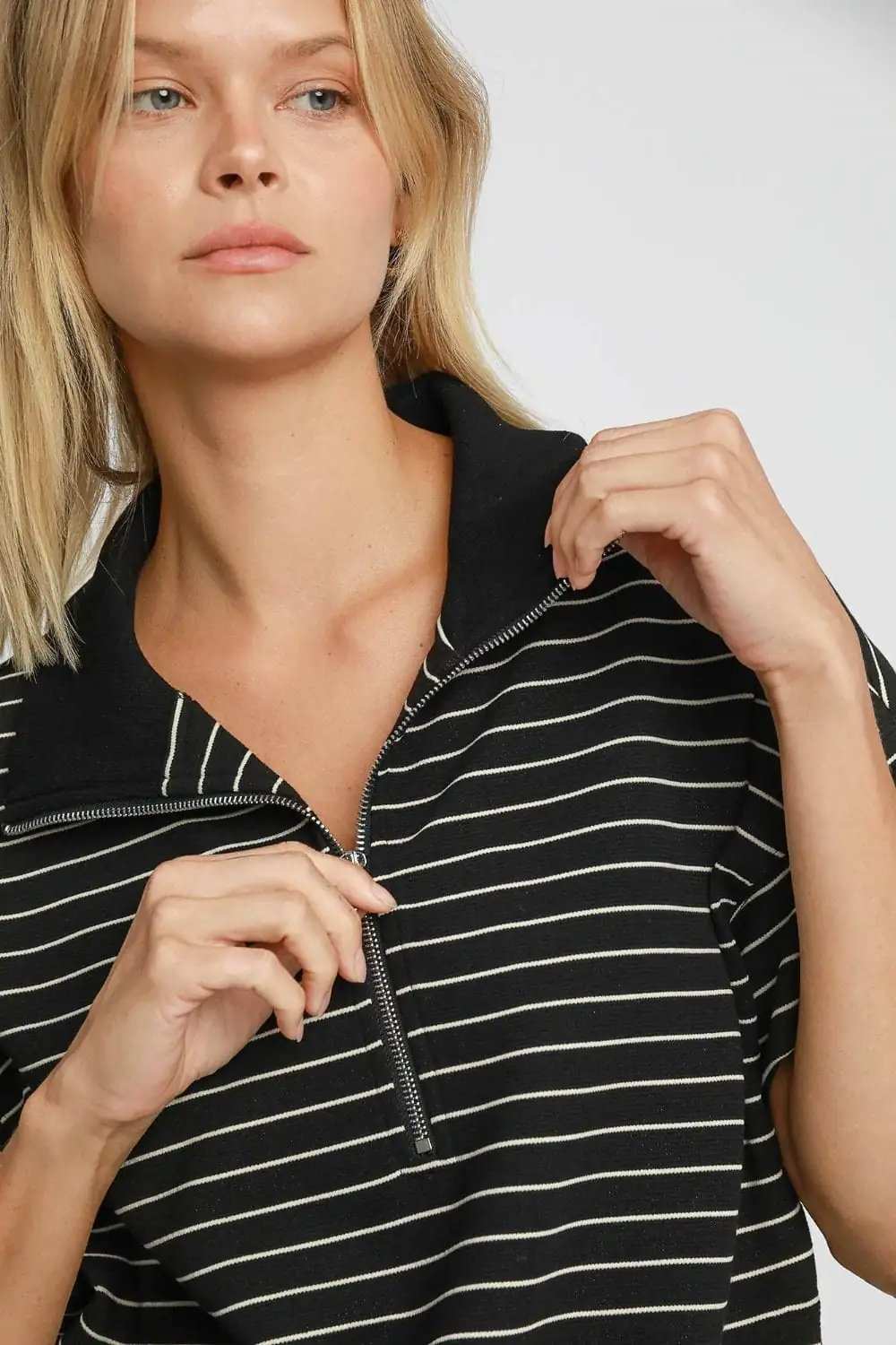 Umgee Striped Half Zip Short Sleeve Sweatshirt - Trendsi - Flyclothing LLC
