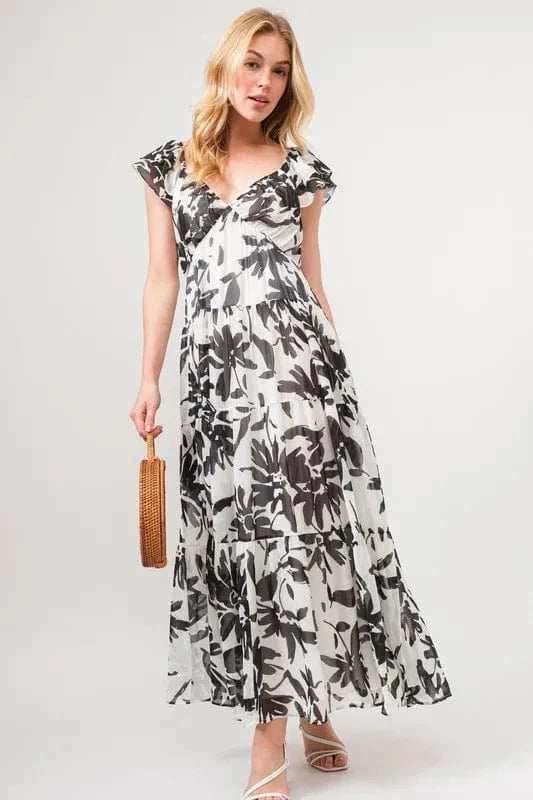And The Why Ruffled Sleeve Tiered Floral Print Maxi Dress - Trendsi - Flyclothing LLC