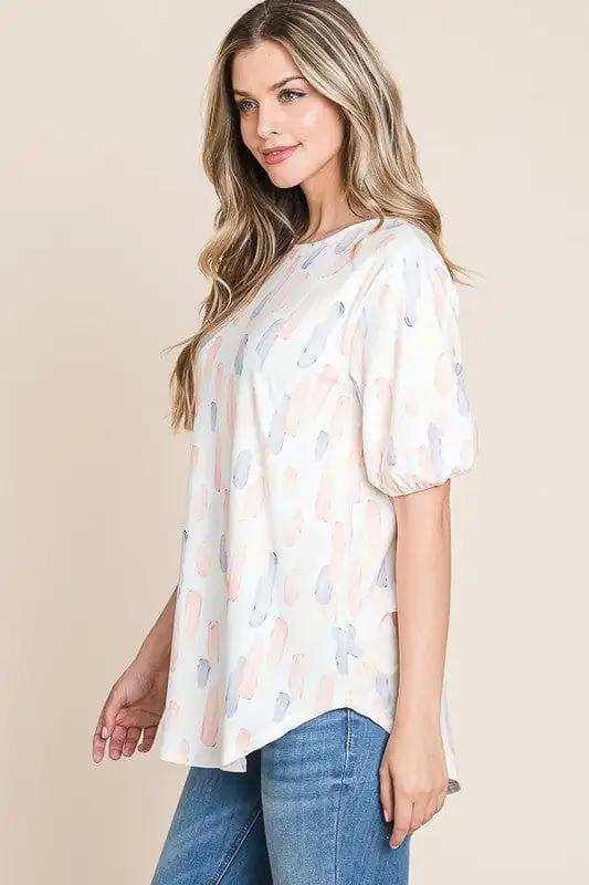 BOMBOM Round Neck Puff Short Sleeve Blouse - Trendsi - Flyclothing LLC