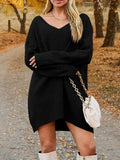 V-Neck Dropped Shoulder Sweater Dress - Trendsi - Flyclothing LLC