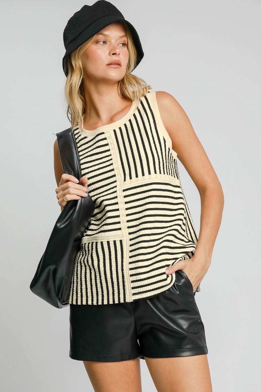 Umgee Round Neck Texture Striped Tank - Trendsi - Flyclothing LLC