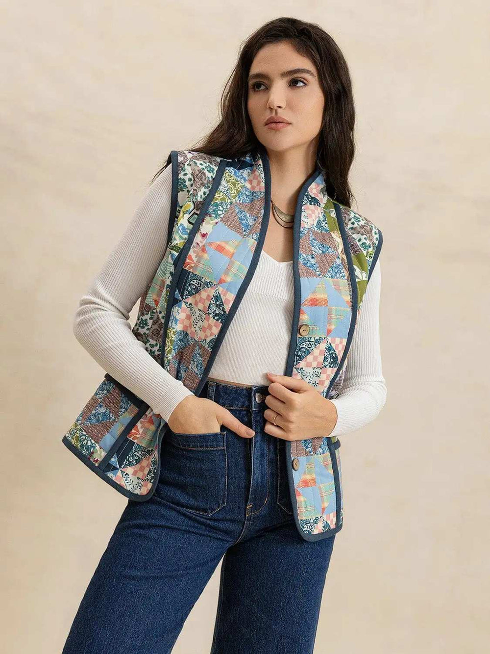 Printed Patchwork Contrast Piping Vest - Trendsi - Flyclothing LLC