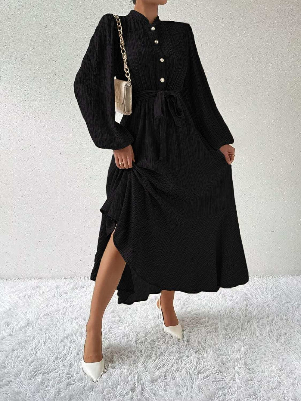 Tie Waist Long Sleeve Dress - Trendsi - Flyclothing LLC