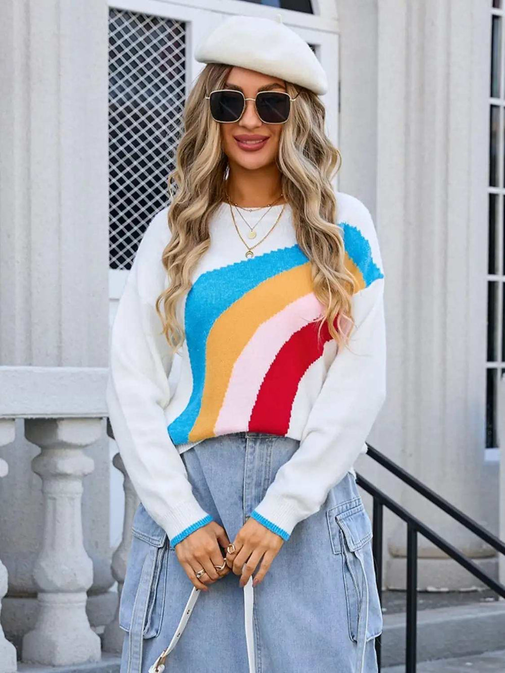 Rainbow Round Neck Long Sleeve Sweater - Trendsi - Flyclothing LLC