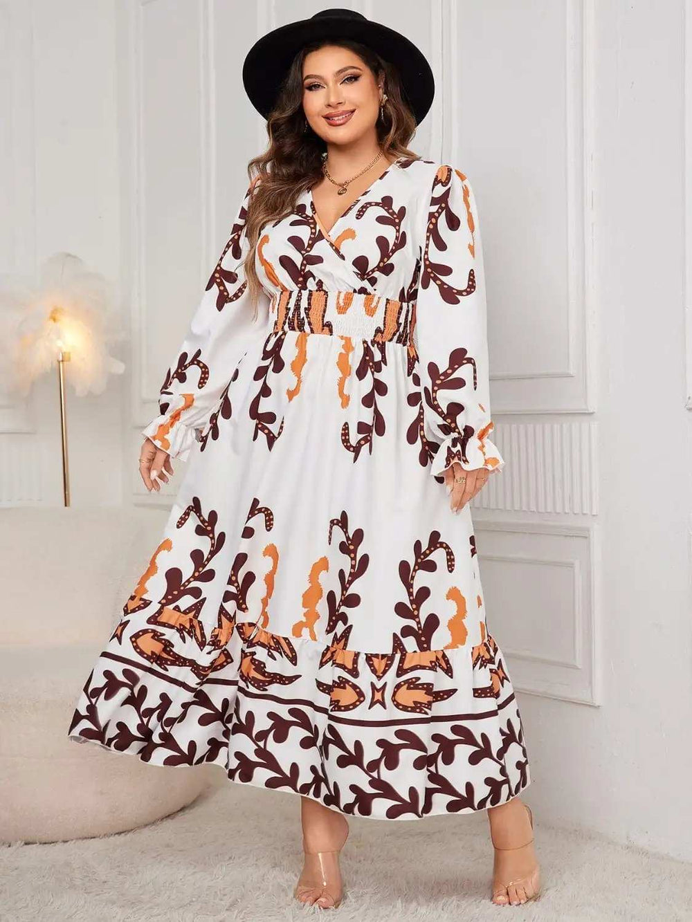 Plus Size Printed Surplice Flounce Sleeve Dress - Trendsi - Flyclothing LLC