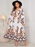 Plus Size Printed Surplice Flounce Sleeve Dress - Trendsi - Flyclothing LLC