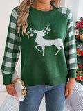 Reindeer Plaid Round Neck Long Sleeve Sweater - Trendsi - Flyclothing LLC