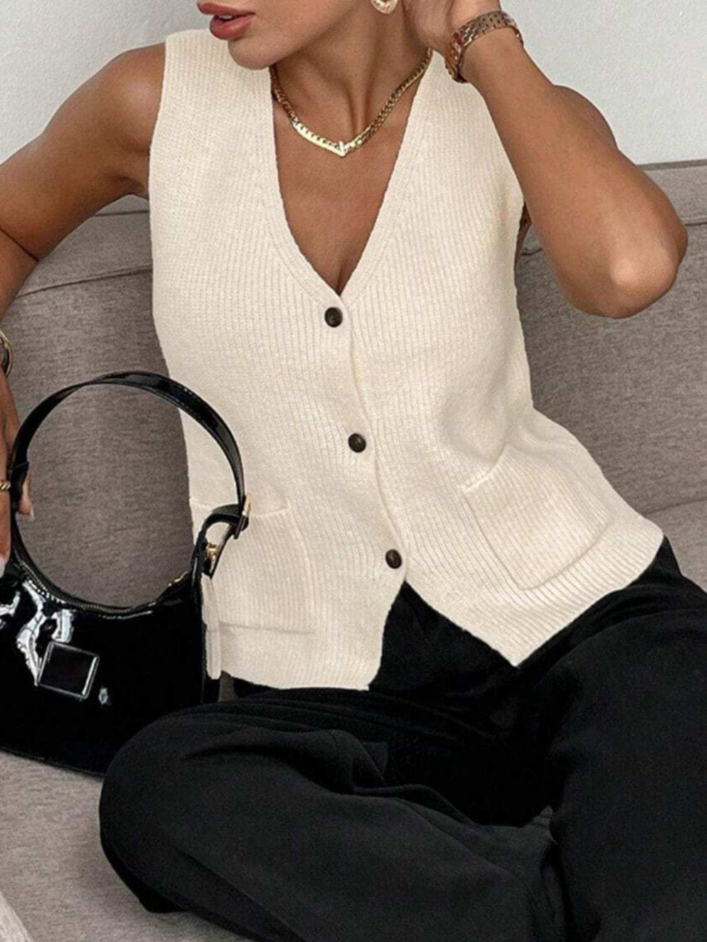 V-Neck Button Down Sweater Vest - Trendsi - Flyclothing LLC