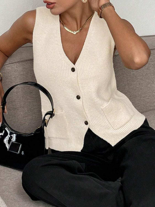 V-Neck Button Down Sweater Vest - Trendsi - Flyclothing LLC