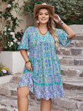 Plus Size Ruffled Hem Lace Detail Printed Half Sleeve Dress - Trendsi - Flyclothing LLC
