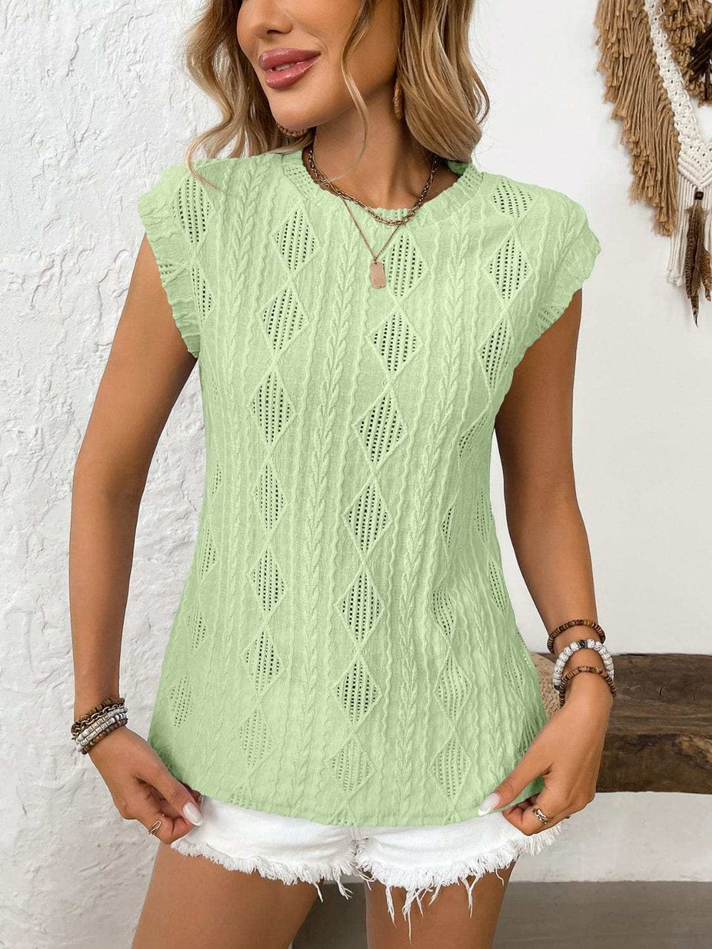 Eyelet Round Neck Cap Sleeve Top - Trendsi - Flyclothing LLC