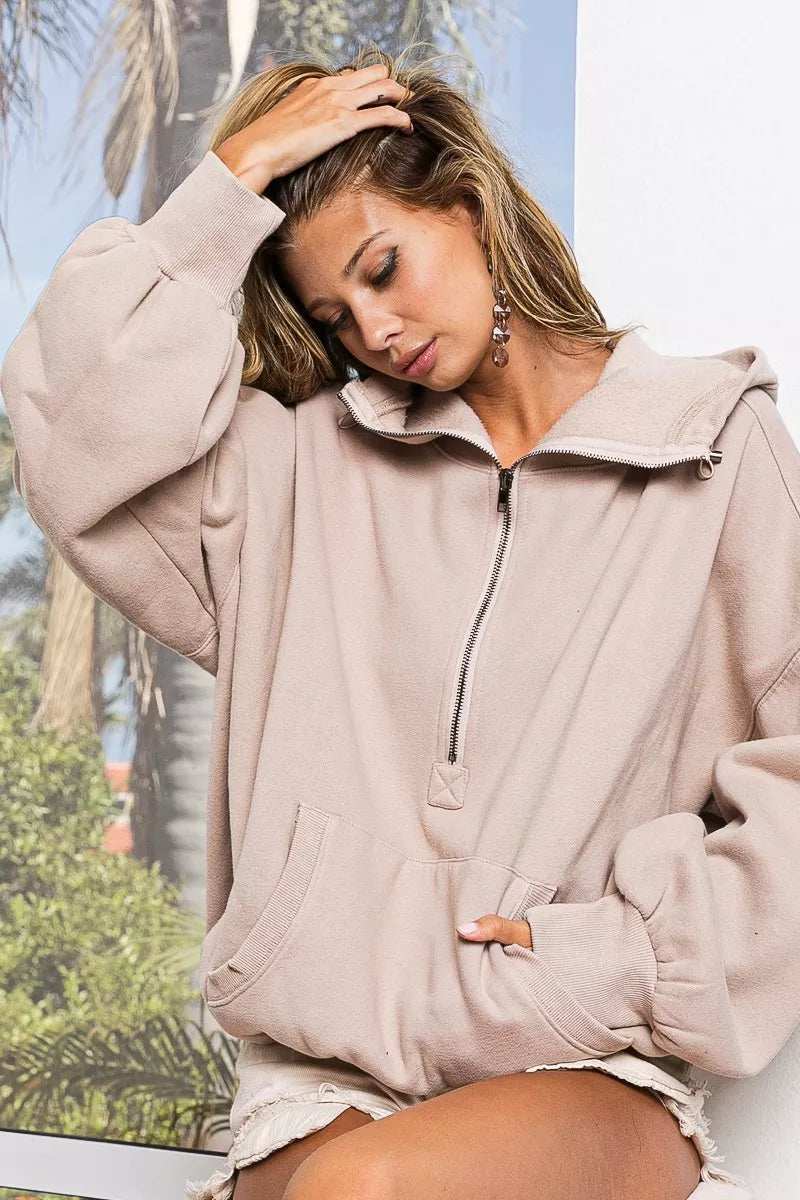 BiBi Stitch Detailed Elastic Hem Half Zip Fleece Hoodie - Trendsi - Flyclothing LLC