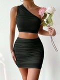 Ruched Single Shoulder Top and Skirt Set - Trendsi - Flyclothing LLC