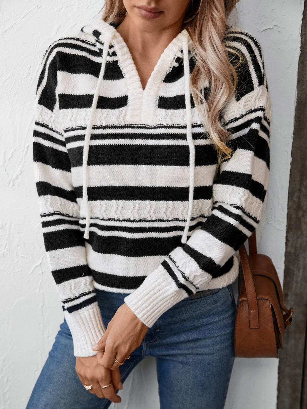 Drawstring Striped Long Sleeve Hooded Sweater - Trendsi - Flyclothing LLC