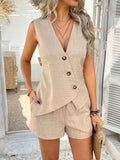 Devine Button Down Sleeveless Top and Shorts Set - Trendsi - Flyclothing LLC