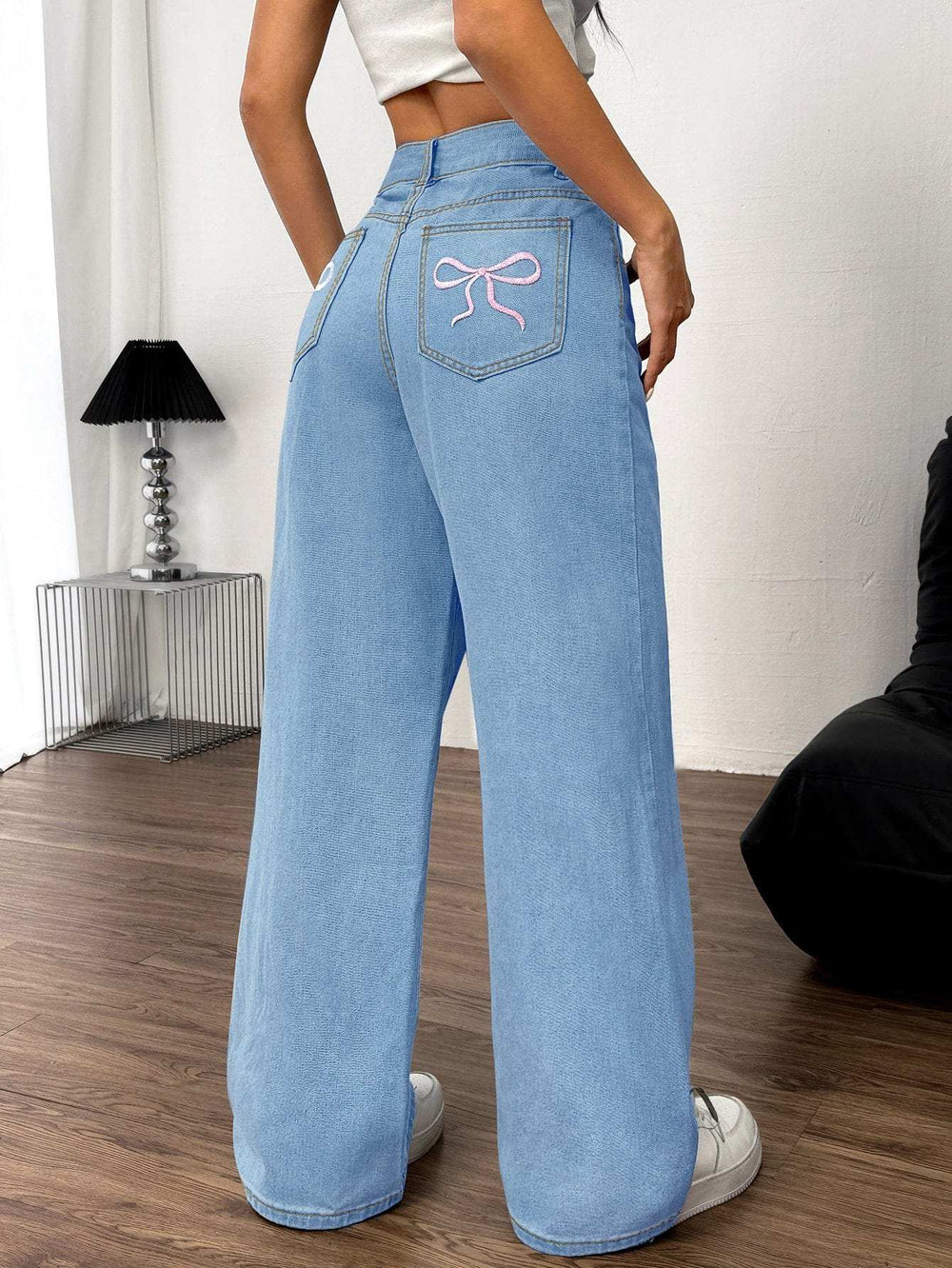 Embroidered Bow Back Wide Leg Jeans - Trendsi - Flyclothing LLC