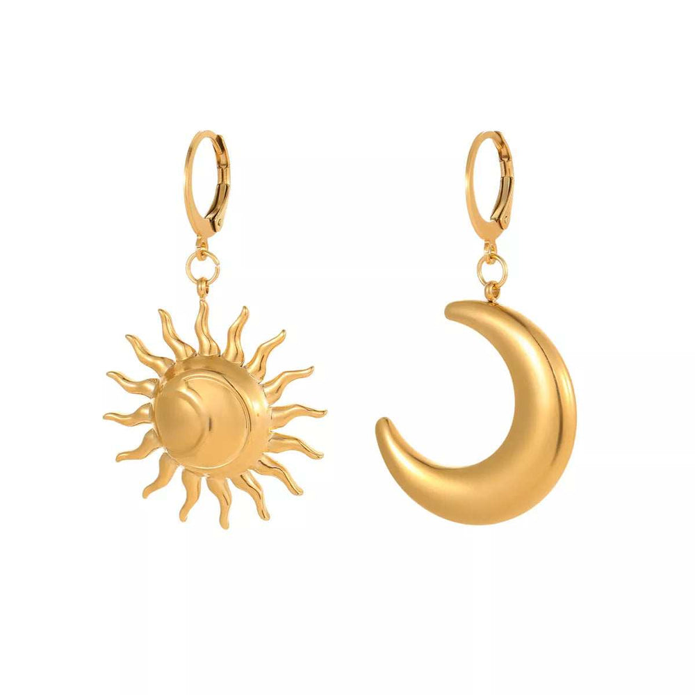 18K Gold-Plated Asymmetrical Sun & Moon Earrings - Trendsi - Flyclothing LLC