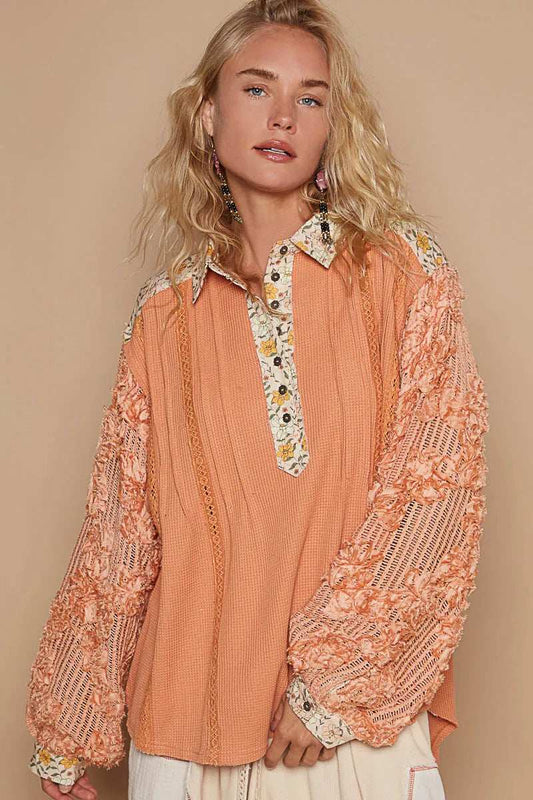 POL Floral Half Button Lace Detail Long Sleeve Top - Trendsi - Flyclothing LLC