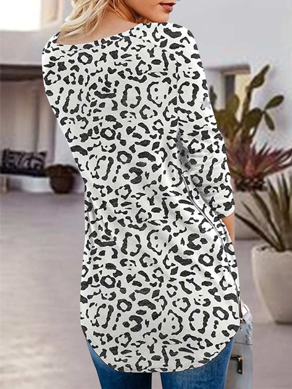 Full Size Side Zip Printed V-Neck Long Sleeve T-Shirt - Trendsi - Flyclothing LLC