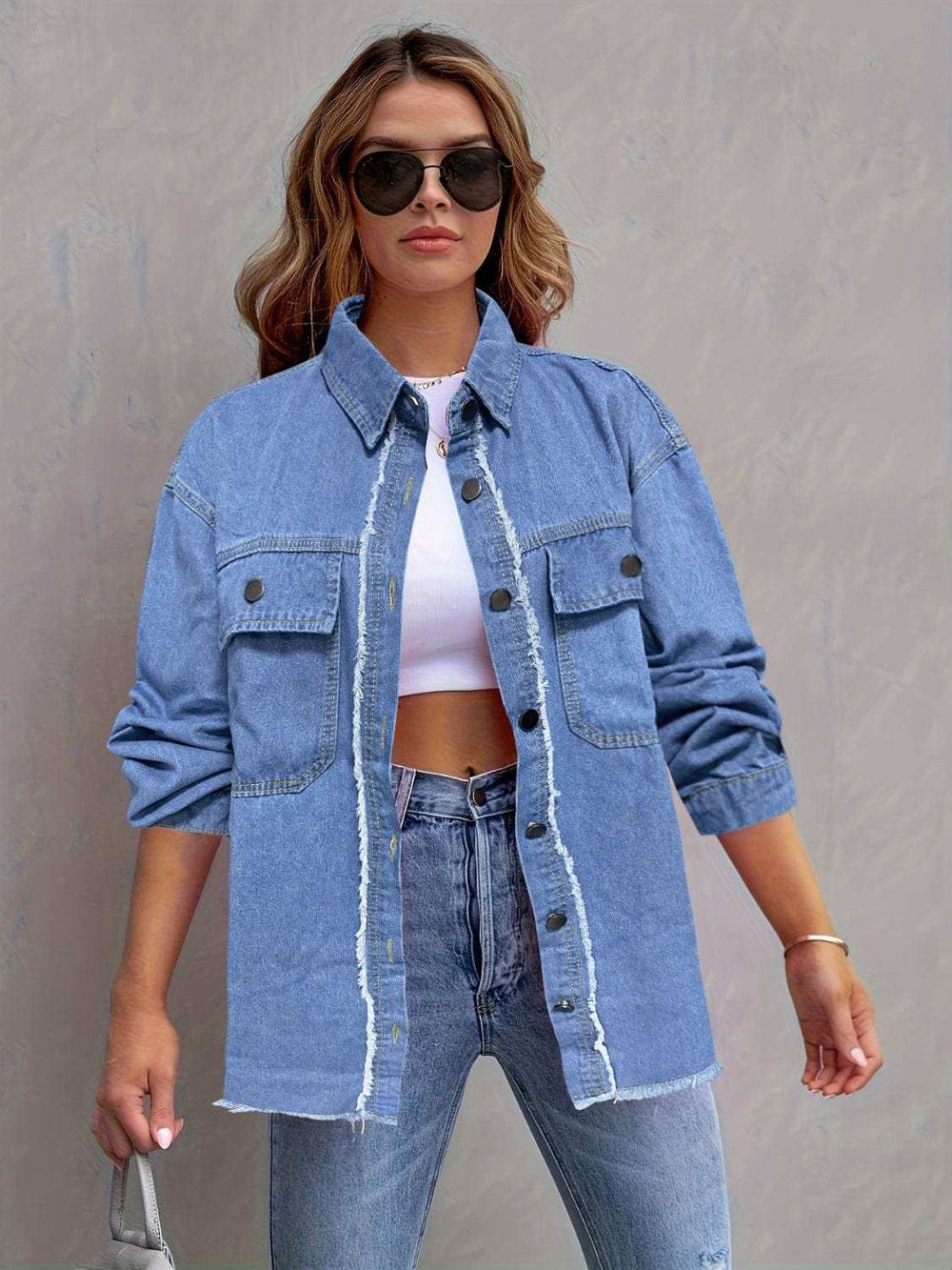 Pocketed Collared Neck Long Sleeve Denim Shirt - Trendsi - Flyclothing LLC