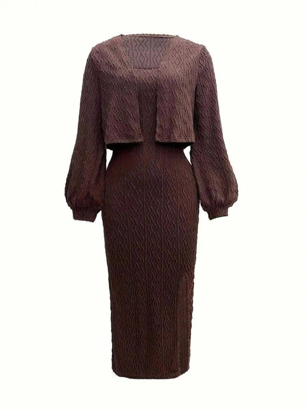 Open Front Long Sleeve Cardigan and Side Slit Cami Dress Set - Trendsi - Flyclothing LLC