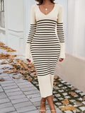 Striped V-Neck Long Sleeve Sweater Dress - Trendsi - Flyclothing LLC