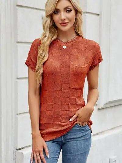 Round Neck Short Sleeve Knit Top - Trendsi - Flyclothing LLC