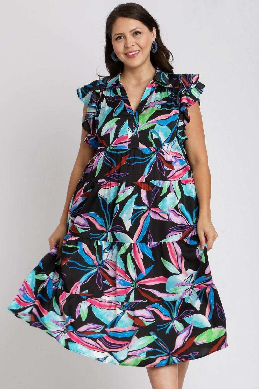 Umgee Full Size Leaf Print Double Layered Ruffle Sleeve Tiered Midi Dress Plus Size - Trendsi - Flyclothing LLC