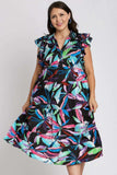 Umgee Full Size Leaf Print Double Layered Ruffle Sleeve Tiered Midi Dress Plus Size - Trendsi - Flyclothing LLC