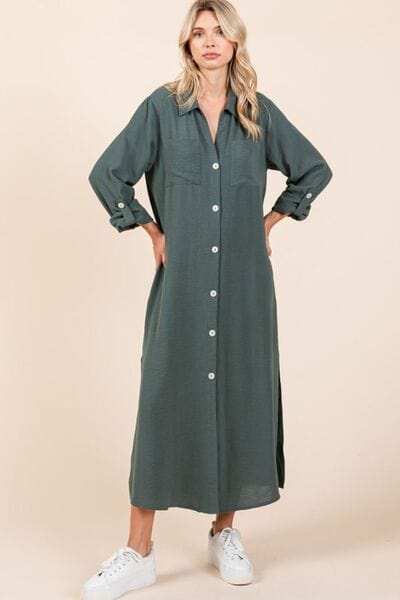 Mittoshop Airflow V-Neck Long Sleeve Button Down Maxi Dress - Trendsi - Flyclothing LLC